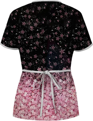 Vista 3 de Camisetas de Navidad con estampado de mujer, uniformes de enfermera para mujer, camisetas de manga corta con cuello en V y bolsillos
