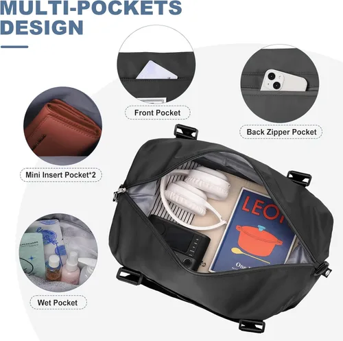 Vista 4 de Bolsas de lona de viaje, bolsa de fin de semana para mujer con bolsillo húmedo y bolsa de aseo personal, bolsa de viaje para gimnasio, Negro