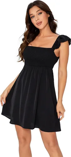 Vista 3 de WDIRARA Vestido corto con cuello cuadrado fruncido y mangas casquillo para mujer