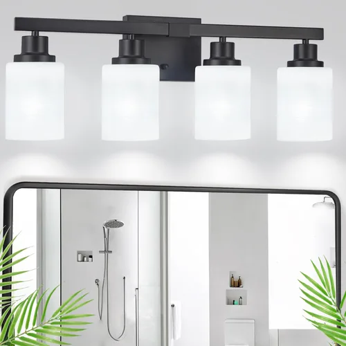 Vista 18 de Juego de 2 apliques de pared para baño, 1 luz negra, apliques de pared modernos para interiores con pantallas de vidrio blanco, lámpara de pared
