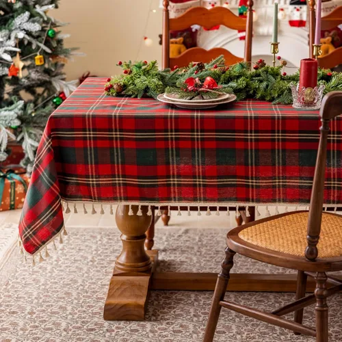 Vista 18 de JIALE - Mantel cuadrado de lino de algodón de cuadros Gingham con borlas, lavable, sin arrugas, mantel a cuadros de búfalo para fiesta al aire Beige