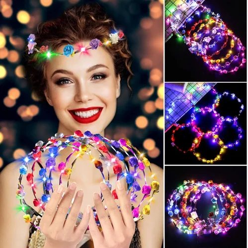 Vista 4 de 20 diademas LED con corona de flores, tocado luminoso con luces LED, corona de flores para niñas, mujeres, bodas, festivales, vacaciones, Navidad