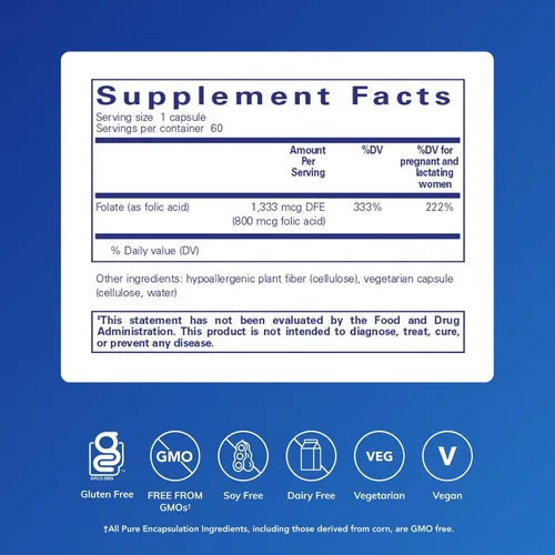 Vista 2 de Pure Encapsulations Ácido fólico Suplemento dietético hipoalergénico 60 cápsulas Suplemento dietético hipoalergénico, Utilización