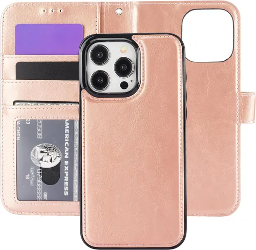 Vista 20 de Funda tipo cartera desmontable Bocasal para iPhone 15 Pro Max con bloqueo RFID, ranuras para tarjetas, soporte magnético, cuero PU premium, atril