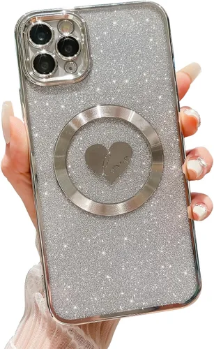 Vista 11 de Funda compatible con iPhone 11 Pro Max de 6.5 pulgadas con Magsafe, funda magnética de corazón chapado con purpurina para mujeres y niñas