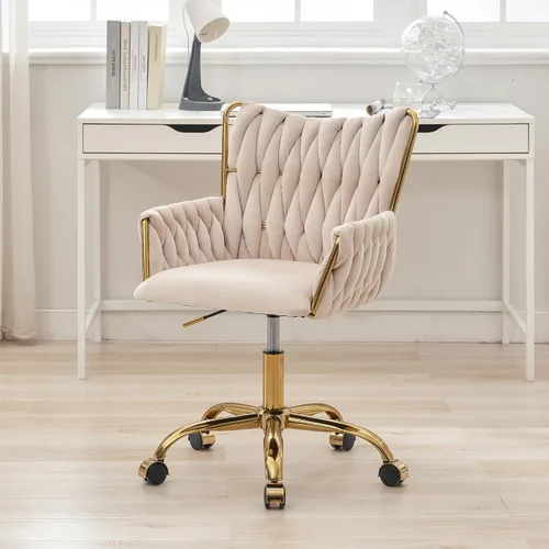 Vista 11 de Silla de escritorio de terciopelo, taburete de tocador, sin ruedas, moderno sillón dorado con patas de acento