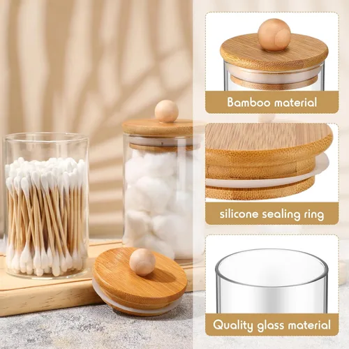 Vista 3 de Paquete de 6 tarros de boticario de vidrio con tapas, accesorios de baño de bambú, bolas de algodón, almohadillas para hisopos, frascos de baño
