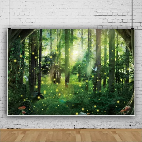Vista 2 de Telón de fondo de fotografía de bosque de fantasía mágica, selva, safari, fiesta, fondo de fiesta, luz del sol, primavera, árbol verde, mariposa