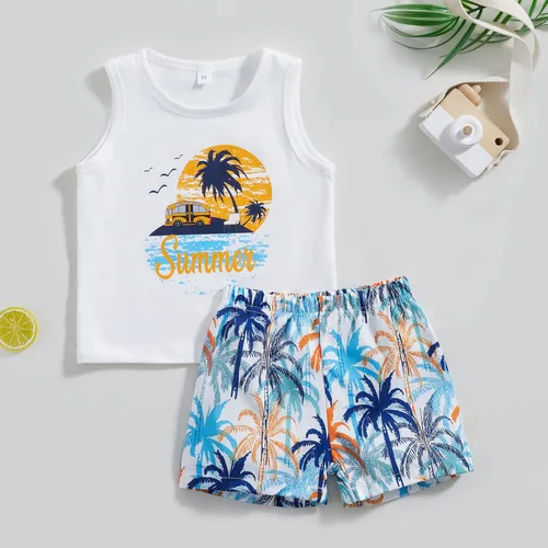 Vista 2 de Conjunto de pantalones cortos para niños pequeños, camiseta estampada junto al mar, 2 piezas, ropa de verano