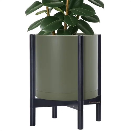Vista 33 de Maceta de D'vine Dev con soporte - Maceta de flores de cilindro de plástico de 8.0 pulgadas con soporte de madera para interiores, maceta mate negra