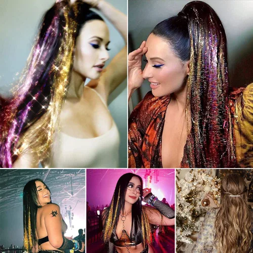 Vista 6 de Kit de oropel para el cabello con herramientas de 48 pulgadas, 1200 hebras de cabello de oropel dorado, resistentes al calor, extensiones de cabello