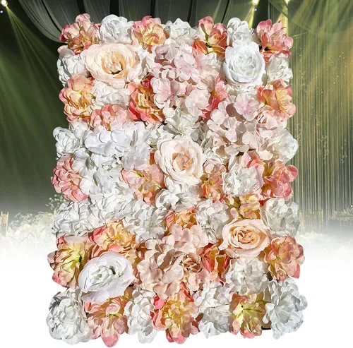 Vista 5 de 5 piezas de flores artificiales para pared, rosas de seda colgantes, juego de paneles de pared de flores, pared romántica de flores champán para 10