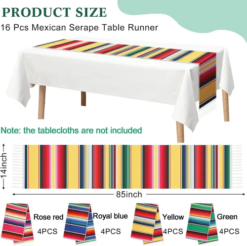 Vista 2 de Moukeren 16 caminos de mesa de serape mexicano, 14 x 84 pulgadas, arco iris, bohemio, con flecos, de algodón, decoración de fiesta temática mexicana