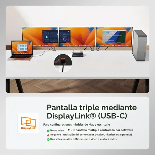 Vista 2 de (con DisplayLink) TESmart 4K a 60Hz KVM Switch 3 monitores para 1 MacBook y 1 computadora de escritorio, KVM de triple monitor MST y EDID con PD