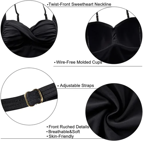 Vista 6 de Hilor Women's Ruched Front Twist Tankini Tops Tummy Control Swimsuits Bathing Suits Retro Swim Tops