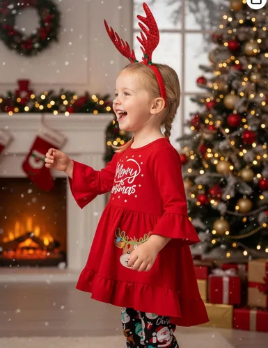 Vista 4 de Conjunto de 3 piezas de pantalones de Navidad para niñas pequeñas, diseño de ciervo y manga larga, regalos de Navidad para niñas