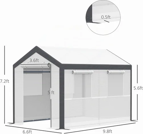 Vista 7 de Outsunny Invernadero de 10' x 7' x 7', Casa Verde Túnel para Exteriores Transitable con Cubierta de PE, Marco de Acero, 2 Puertas Enrollables