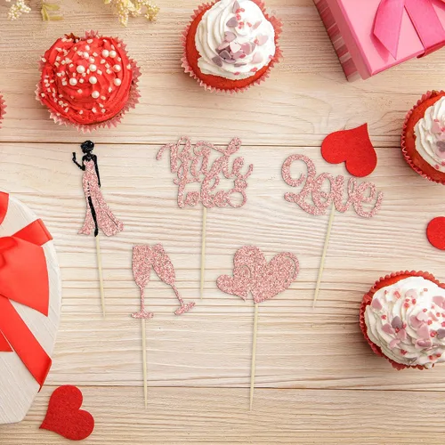 Vista 4 de 30 piezas de decoración para cupcakes con purpurina champán y corazón, para despedida de soltera, bodas, compromisos, despedidas de soltera, Oro Rosa