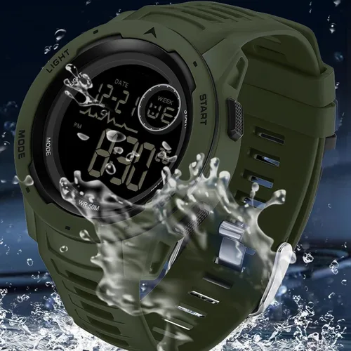 Vista 3 de findtime Reloj deportivo digital rojo para hombre, reloj para hombre, táctico, militar, 5ATM, resistente al agua, para hombre, con luz LED, alarma