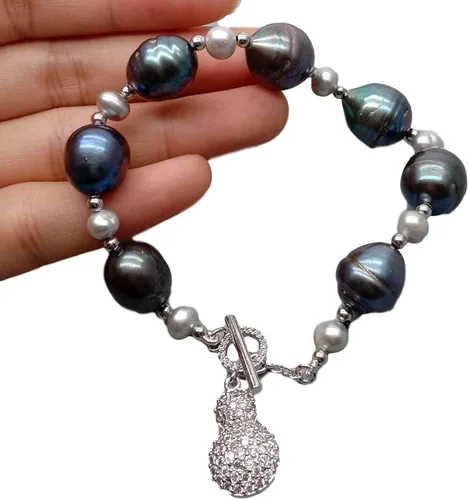 Vista 4 de Pulsera redonda de perlas de agua dulce cultivada de color gris arroz negro con cuentas #4341