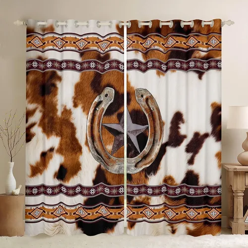 Vista 13 de Cortinas de ventana de herradura con estrellas de Texas, cortinas de granero de madera rústicas occidentales, 38 pulgadas de ancho x 45 pulgadas