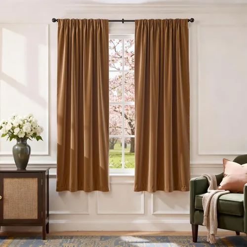 Vista 143 de Lazzzy Cortinas opacas de terciopelo beige de 84 pulgadas de largo con aislamiento térmico para oscurecer la habitación, cortinas forradas de lujo