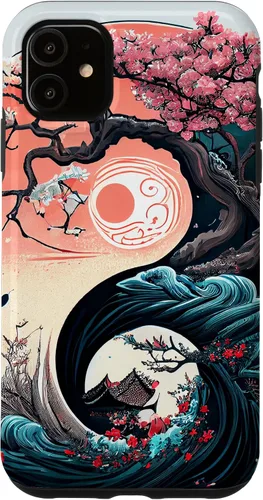 Vista 8 de Funda para iPhone 11 Pro Max Yin Yang Cherry Blossom Bonsái y Great Wave