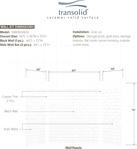 Vista 4 de Transolid SWK603672-21 SaraMar - Kit de pared de ducha de 3 piezas, 36 x 60 x 72 pulgadas, color blanco