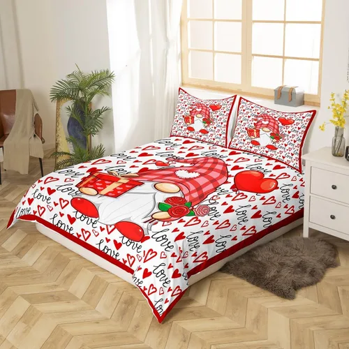 Vista 3 de Juego de funda de edredón de gnomo lindo para el día de San Valentín, tamaño individual, juego de ropa de cama con estampado de corazón rojo