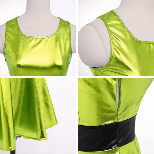 Vista 3 de IBAKOM Vestido skater metálico brillante para mujer, vestido holográfico de los años 80, disfraz de Halloween, vestido plisado de aspecto húmedo