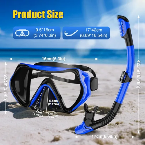 Vista 5 de Snorkeling Gear for Adults, Dry Snorkel Mask Set Anti-Fog Negro azul