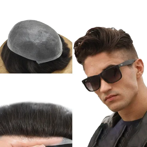 Vista 19 de Toupee - Sistema de reemplazo de cabello humano 100% europeo Remy, 0.002 in, piel ultrafina, pelo de poliuretano para hombre, línea capilar en V