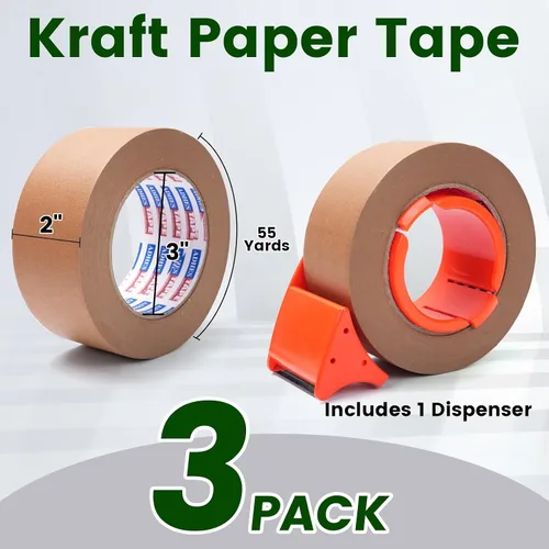 Vista 2 de ADHES - Cinta de papel kraft con dispensador, 2 pulgadas x 55 yardas x 3 rollos - Cinta de embalaje marrón ecológica, adhesivo fuerte, dispensador