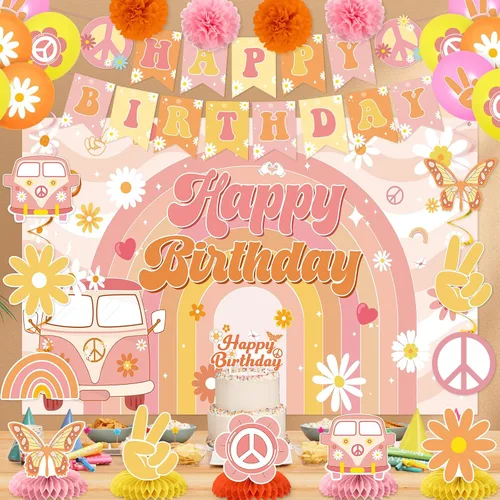 Vista 2 de Decoraciones de cumpleaños geniales para niñas y niños, retro hippie margarita, pancarta de feliz cumpleaños, telón de fondo de panal de abeja