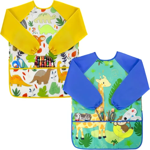 Vista 11 de Oiomniv Delantal de Arte para Niños – Delantal de Pintura de Manga Larga Impermeable con 3 Bolsillos, Delantal Lavable para Niños Pequeños y Niños
