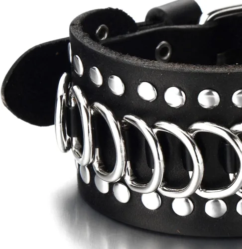 Vista 3 de COOLSTEELANDBEYOND Gothic Punk Mens Wide Black Leather Bracelet Wristband Accented with Chain and Rivets