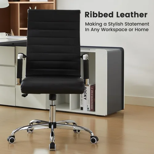 Vista 3 de Silla de escritorio de oficina de cuero, sillas de sala de conferencias con ruedas, sillas ejecutivas modernas para invitados con brazos (negro)