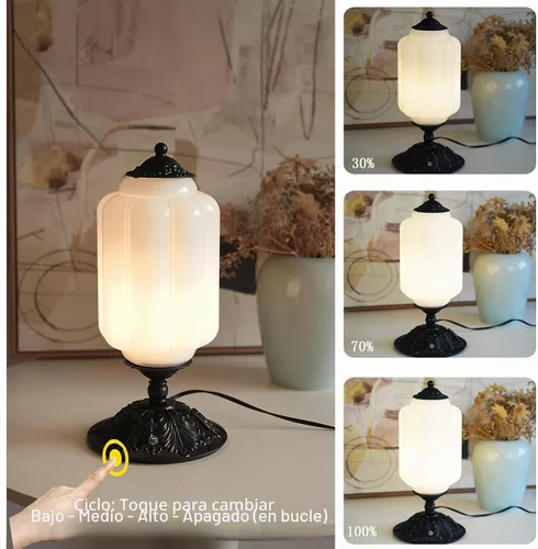 Vista 7 de Lámpara de mesa vintage de vidrio de leche con control táctil, elegante lámpara de noche de vidrio blanco regulable de 3 vías con puertos de carga