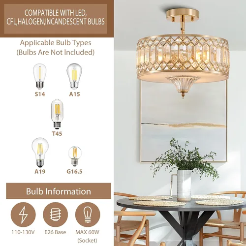 Vista 4 de Gold Crystal Ceiling Light Fixture for Hallway Foyer Bedroom Kitchen Island, 13" Modern Drum Round Close to Ceiling Light Fixture, 3-Light, Brushed
