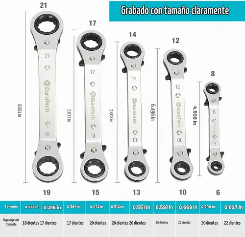 Vista 2 de DuraTech - Juego de llaves de trinquete reversibles con extremo de caja de doble compensación, métrico, resistente, chapado en cromo mate, torcida