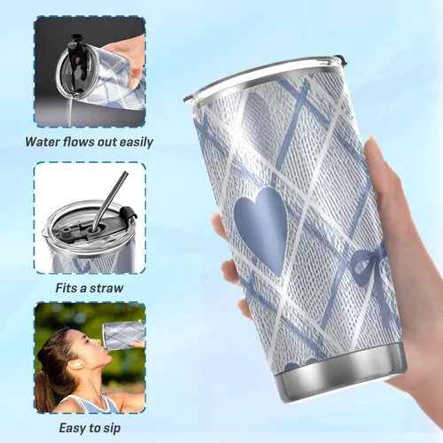 Vista 6 de Lindo lazo azul con corazón taza de acero inoxidable para automóvil con tapa y pajita, tazas de viaje aisladas para bebidas calientes para café