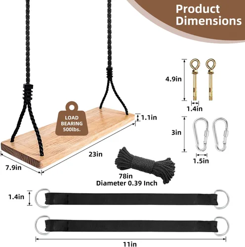 Vista 2 de Asiento de columpio de madera de 23 x 8 x 1.1 500 libras, cuerda de nailon ajustable y correas de extensión para árbol, columpio de madera