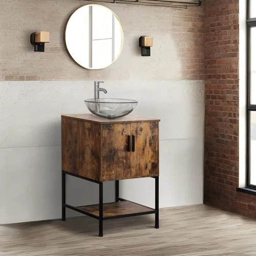 Vista 3 de UEV Juego de tocador de baño antiguo de 24 pulgadas, color marrón oscuro con lavabo, armario de baño de madera de hierro con grifo de temperatura
