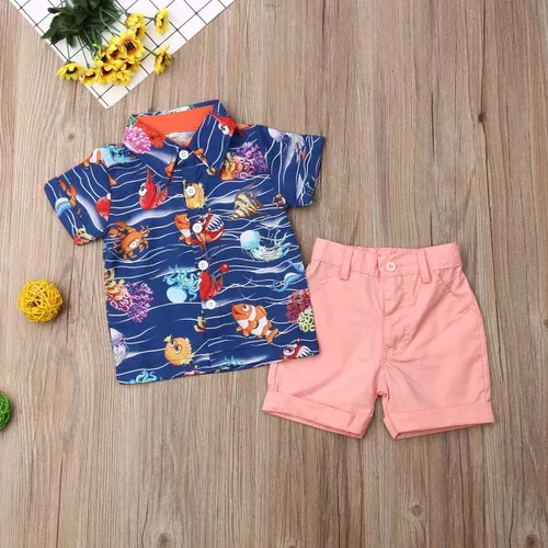 Vista 21 de Conjunto de camisa de manga corta con botones y pantalones cortos casuales con diseño de flamingo, para bebés y niños de 1 a 6 años, atuendos
