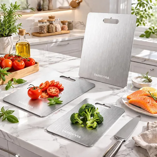 Vista 5 de Juego de 3 tablas de cortar de acero inoxidable de grado alimenticio 316L, tabla de cortar de doble cara para cocina, superficie de trabajo apta