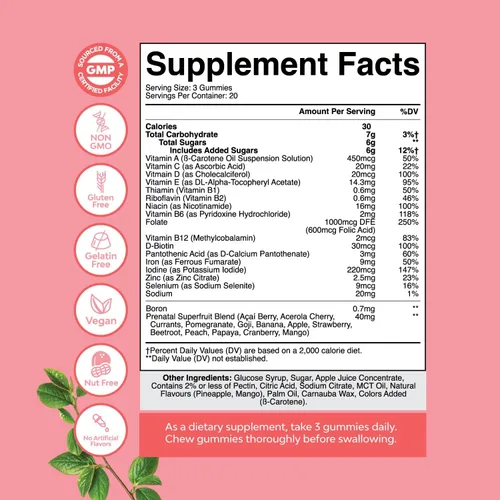 Vista 8 de Natures Craft Gomitas prenatales veganas para mujer, vitaminas prenatales gomosas para mujeres con ácido fólico de hierro y mezcla de superfrutas