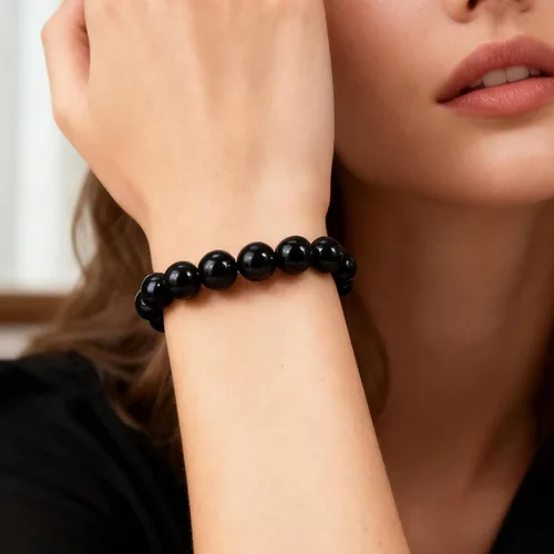 Vista 3 de Long tiantian Shungite Pulsera de ónix negro, joyería negra para mujeres y hombres, pulsera de piedra de obsidiana, regalos de joyería