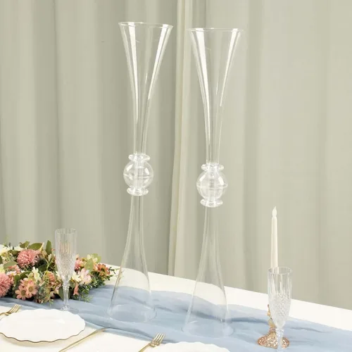 Vista 11 de Tableclothsfactory Paquete de 2 Centro de mesa de trompeta con adornos de cristal transparente de 21 pulgadas, jarrón reversible de plástico
