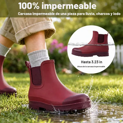 Vista 4 de Planone - Botas cortas de lluvia de ancho amplio para mujer, Chelsea impermeables de moda para mujer, botas de jardín al aire libre mate, botas