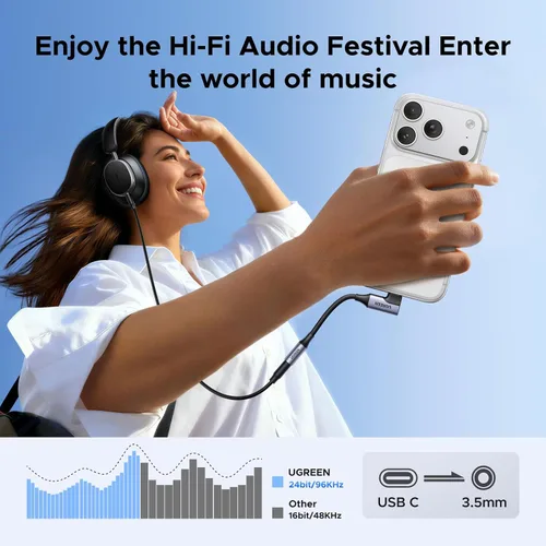 Vista 2 de UGREEN Adaptador de audio USB C a 0.138 in de ángulo recto tipo C conector auxiliar para auriculares 24bit 96kHz HiFi DAC, Braided Cable, Supports